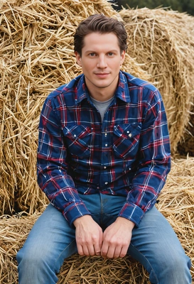 wearing a flannel shirt, sitting on a haystack at a local farm, autumn