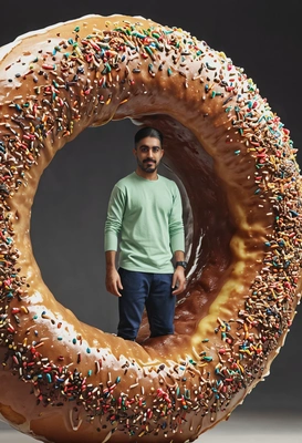 standing inside a giant donut, blurred background, cinematographic style