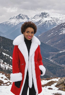 Close-up wearing a red and white fur-trimmed coat on snowy mountain top
