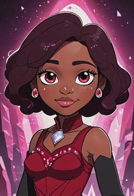 Hand-drawn flat cartoon style, Garnet from Steven Universe, hero suite, bold outlines, oversized cartoon big sparkling eyes, gem glow lighting, waist-up portrait, Crystal Temple background