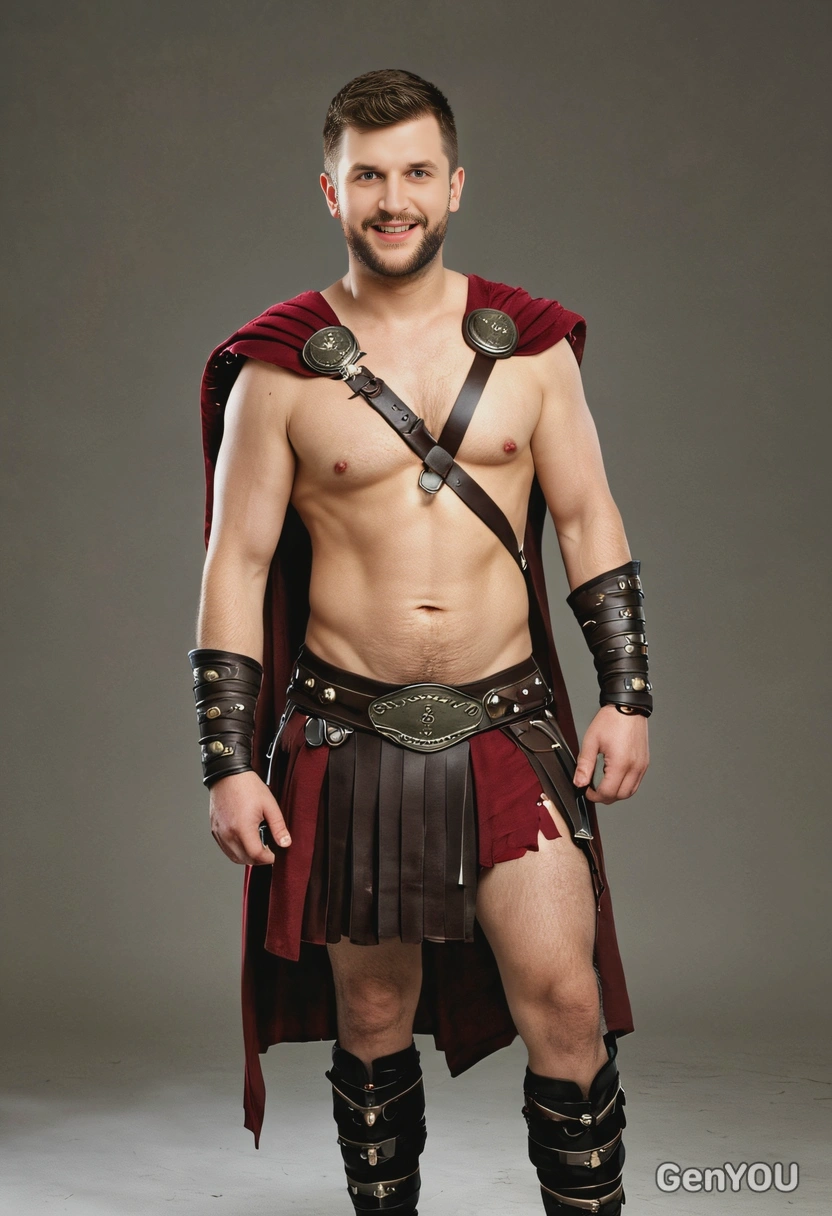 Dressed as Spartacus, full-body image, party surroundings, background lights