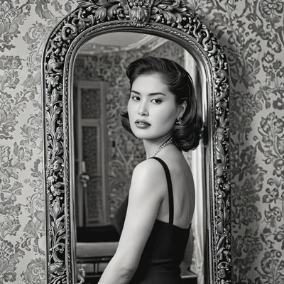 in 1940s glamour style, posing by an ornate mirror, captured in black and white