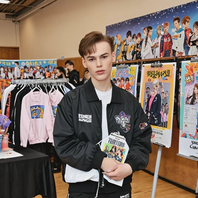 as a K-pop fan club event organizer, wearing a fan club jacket and holding a clipboard, standing in a brightly decorated event hall with K-pop posters and merch tables