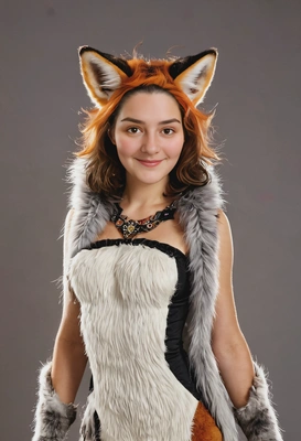 with animalistic fox features, adorned with fur and whiskers, fox ears and tail, full-body image