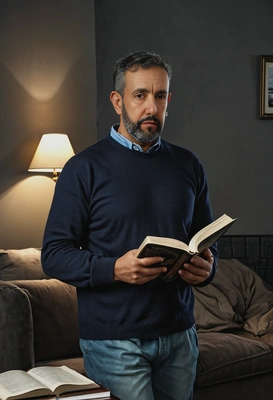 in a casual outfit, reading a book, dark evening lighting, cinematic high-res quality