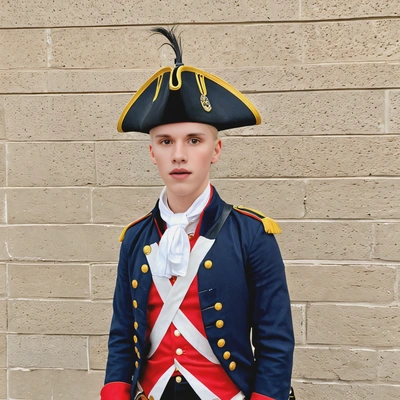 as a Revolutionary War soldier, wearing a tricorn hat and colonial military uniform