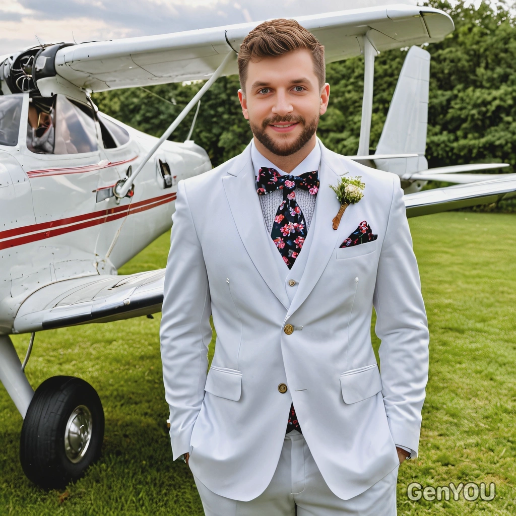As a groom in a double-breasted suit with a floral tie, standing beside a vintage plane at an aviation-themed wedding