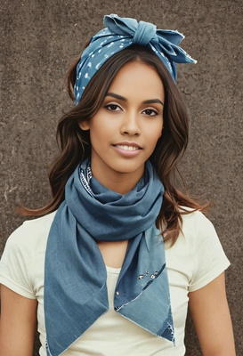 in 1970s denim and a bandana, with a vintage faded color effect