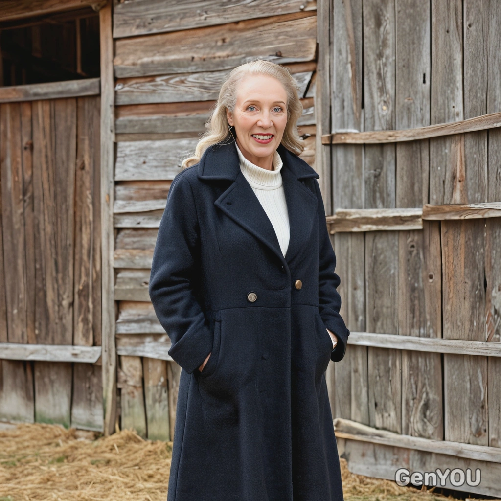standing in front of a rustic barn, in wool coat