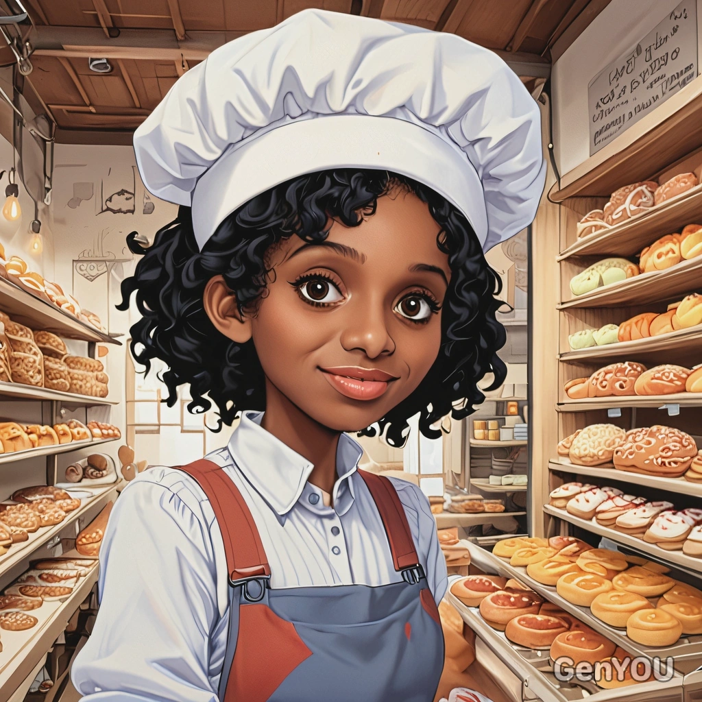 working in a whimsical bakery, anime style, big eyes, manga drawing