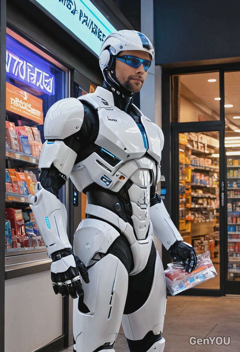 A cyborg delivery person making a quick stop at a neon-lit convenience store to pick up a package, half body view 