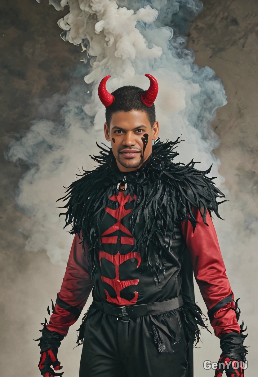  in a devil costume, with smoke swirling around