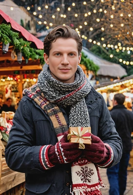 wearing a warm holiday scarf and mittens, holding a gift-wrapped present, standing in a bustling Christmas market with holiday booths and lights everywhere