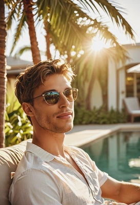 Luxury style, young man chilling on a sofa by the pool, golden hour glow with lens flare effects, film grain effect, 120mm camera, close-up portrait, light shirt, tranquil poolside background with soft lighting and palm trees