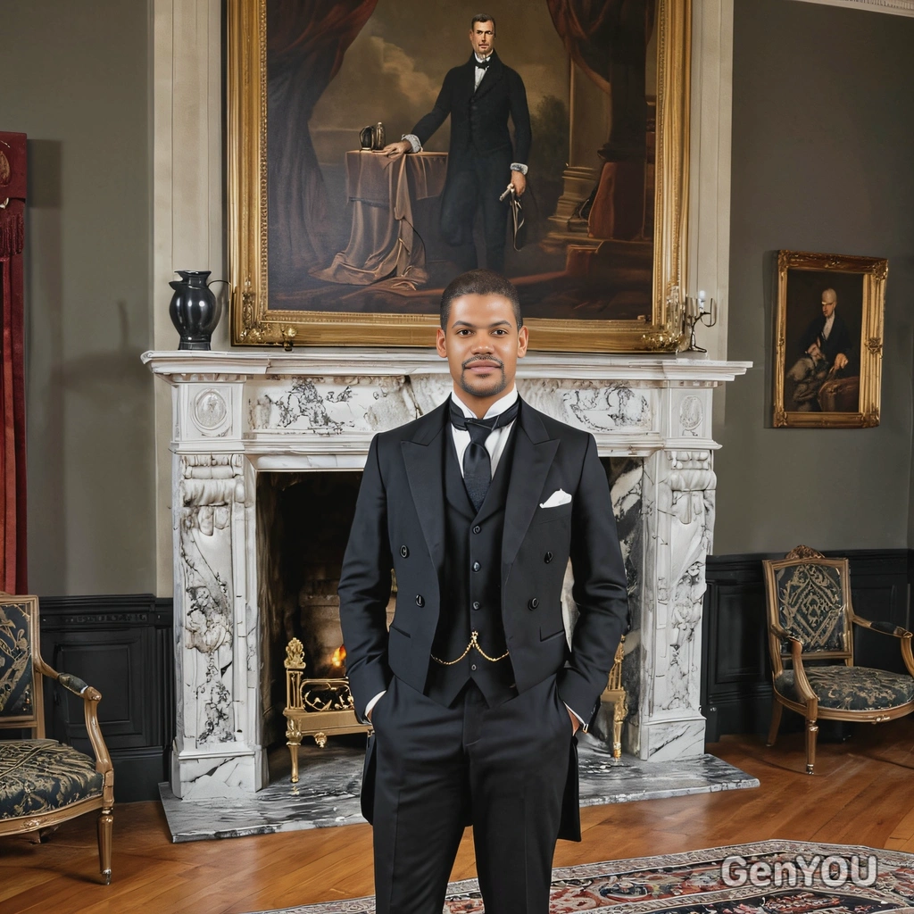 dressed as a Victorian gentleman in a tailored black suit with a waistcoat, standing by a grand marble fireplace in a lavish 19th-century drawing room
