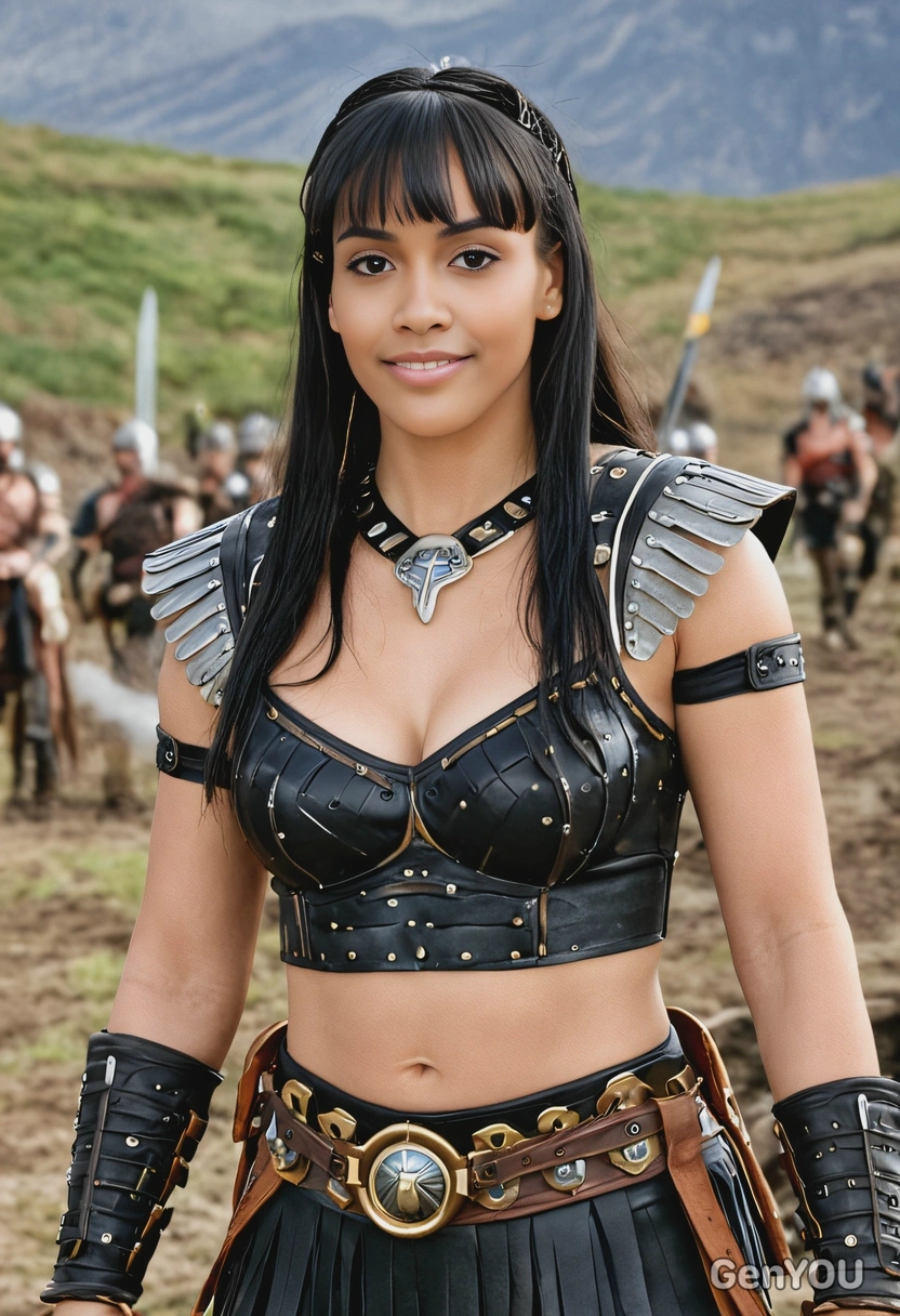 as Xena in her warrior outfit, fringe, on a battlefield setting, mid-shot 