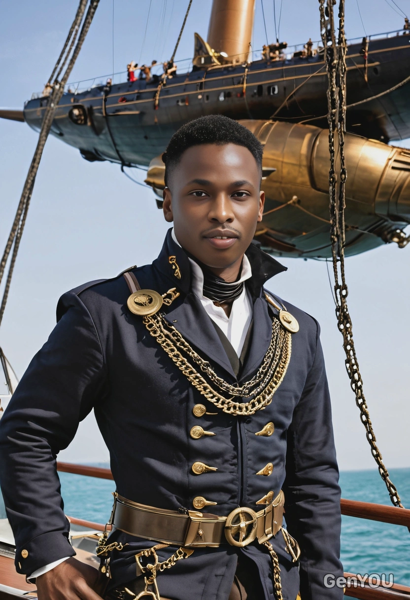 as a Steampunk corsair, in a high-collared jacket with brass chains, posing by the helm of a flying ship
