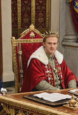 a king gathered in a royal council chamber,  sitting at the head of the table