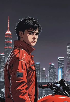 2D anime style, classic Akira aesthetics, bold ink outlines, In Akira anime as Kaneda, intense gaze, oversized anime eyes, slightly ruffled dark hair, red jacket billowing in the wind, standing in front of his sleek red motorcycle, futuristic city skyline glowing behind, waist-up frame