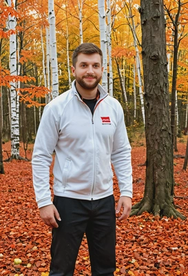 standing through a vibrant autumn forest, the ground covered in red and orange leaves