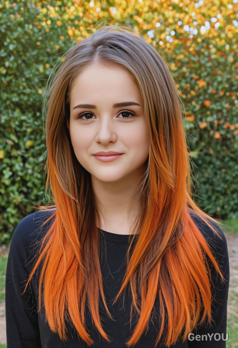 straight, waist-length hair with bold, ombré transitions from deep brown to fiery orange, soft focus, blurred background