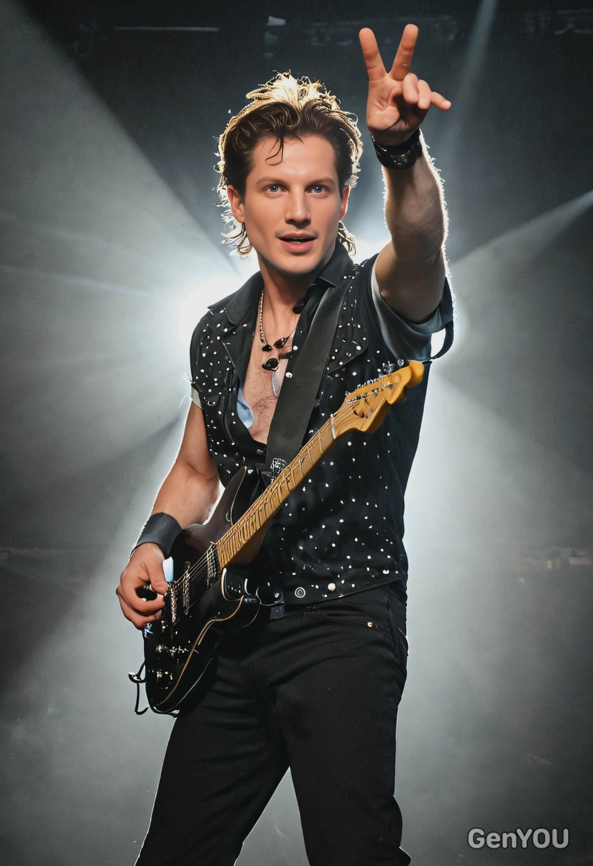 A 1980s rock star rocking out solo on stage with a bright spotlight