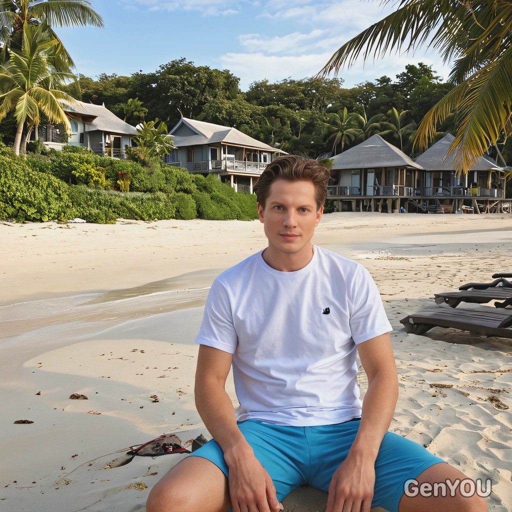 sitting on a private beach, with luxury bungalows visible in the distance
