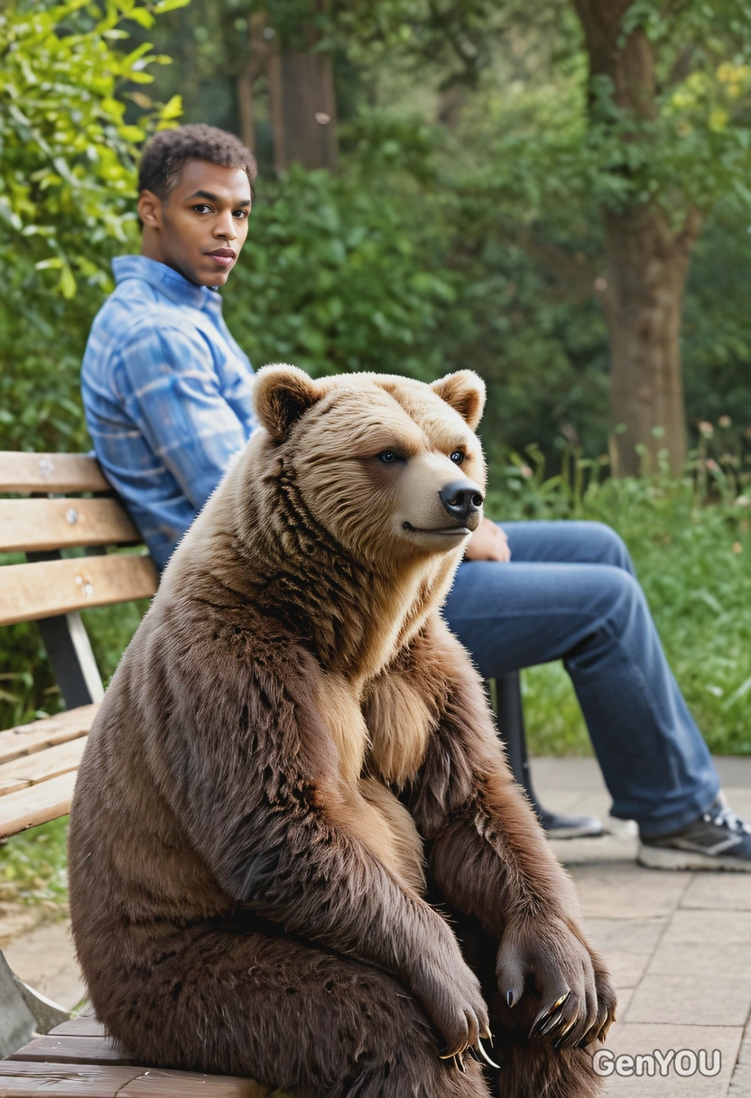 sitting on a bench, a bear sitting beside me, blurred background, full-body shot