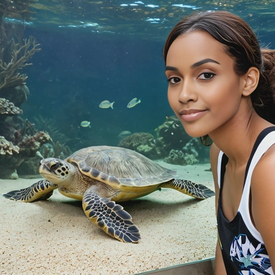 as an aquarium visitor, near a sea turtle tank 