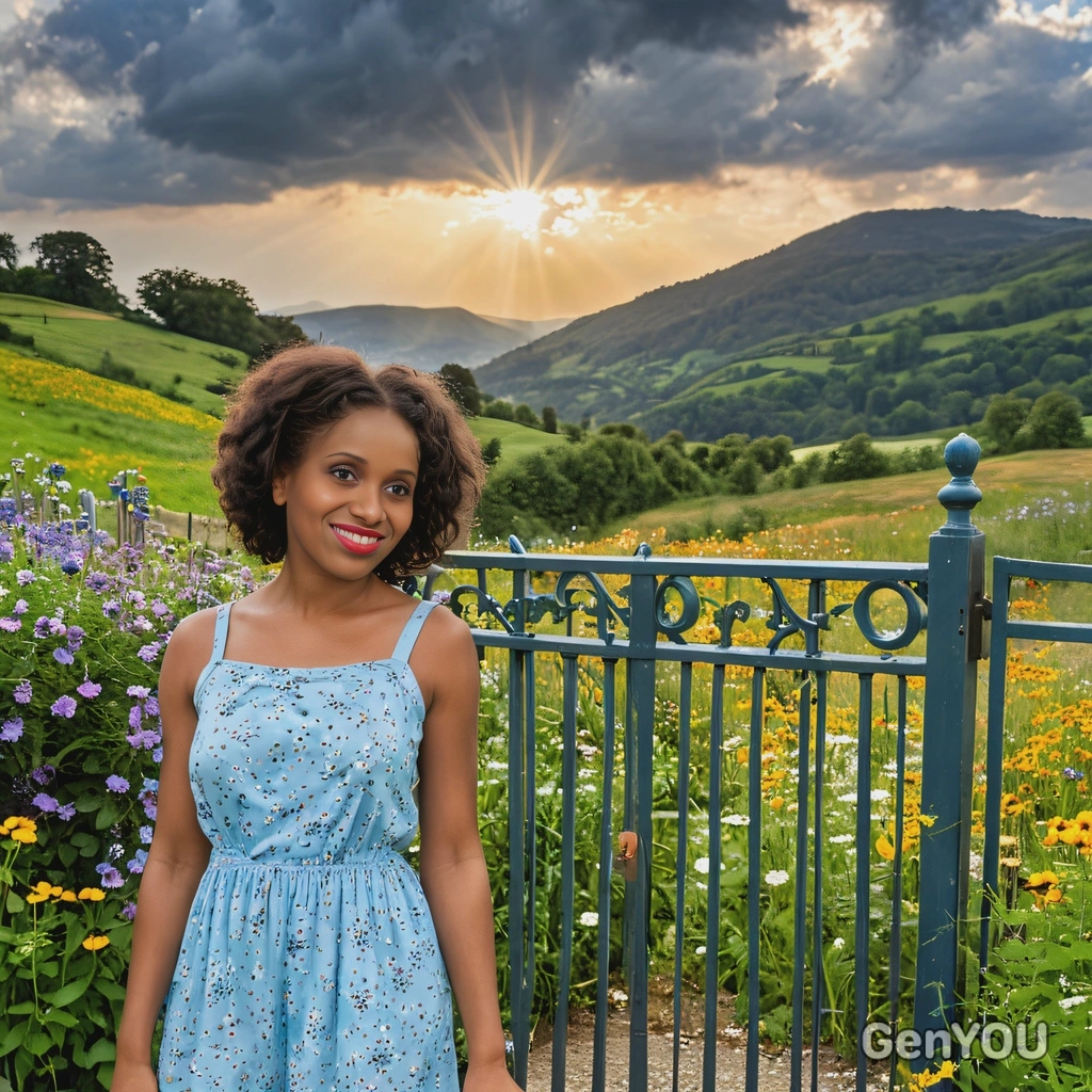 in a light blue sundress, standing near a charming countryside gate, with the sun shining through the clouds and wildflowers covering the hillside, mid shot photo