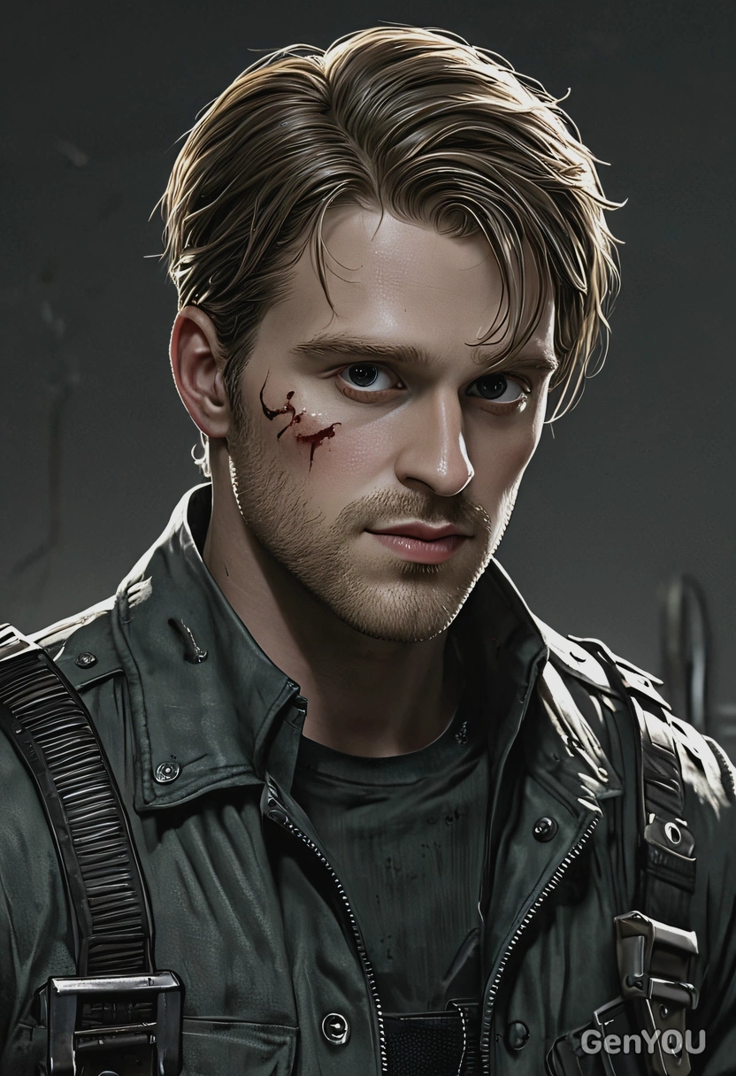 as a character from Resident Evil, gloomy surroundings, high-quality stylized art, visible brushstrokes 