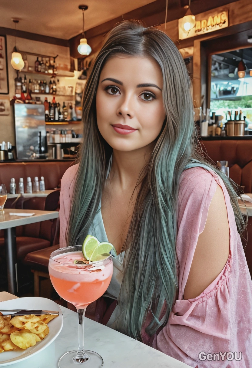 at a restaurant, long hair, pastel tones, high-res, makeup, cocktail, artistic photo