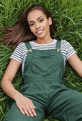 lying in tall grass, overalls, highly realistic, symmetrical details