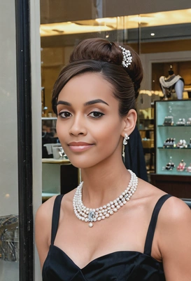 as Holly Golightly from Breakfast at Tiffany's, headshot, in a black gown and pearls, looking into a jewelry store window