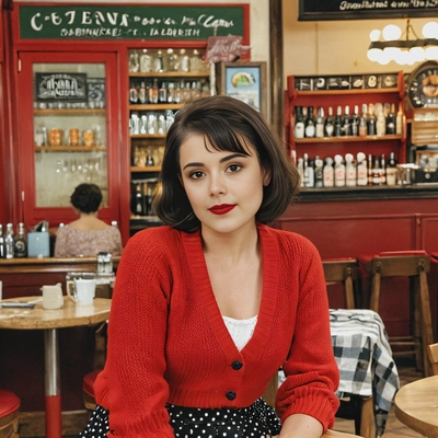 as Amélie Poulain (from Amélie), mid-shot, in a red cardigan and a polka dot skirt, in a quaint Parisian café 