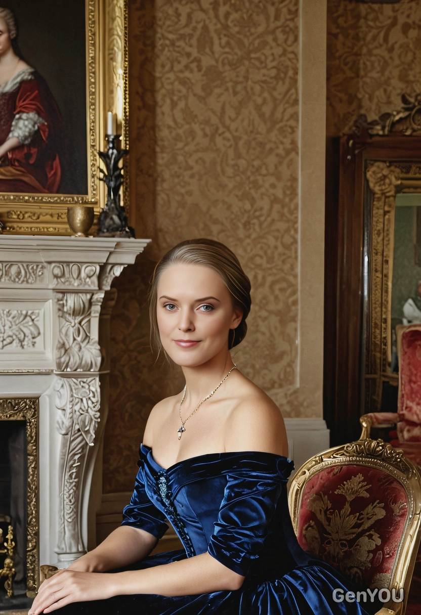 a noblewoman in a velvet gown, sitting by a grand fireplace in a royal parlor