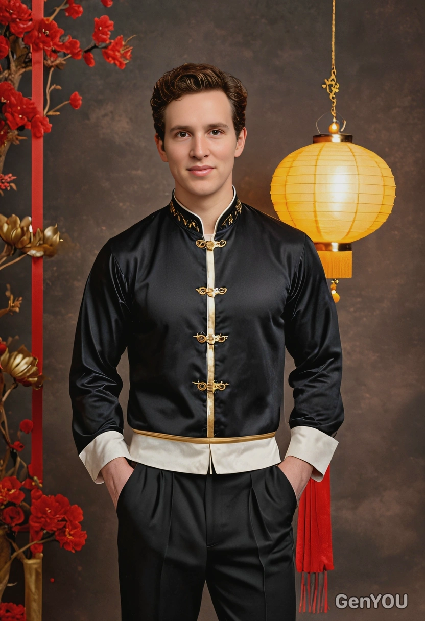 Full-body Lunar New Year portrait of me, lean athletic build, soft-androgynous charm, tailored outfit with gold accents, relaxed confident pose, magnetic eye contact, warm glowing lantern background, romantic festive vibe, realistic proportions