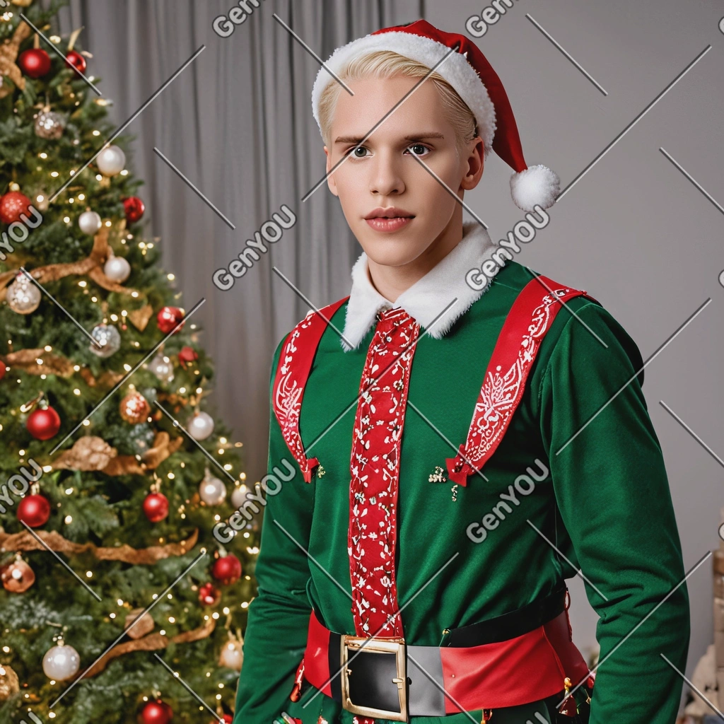 dressed as a Christmas elf, standing by a Christmas tree decorated with twinkling lights and ornaments, mid shot photo