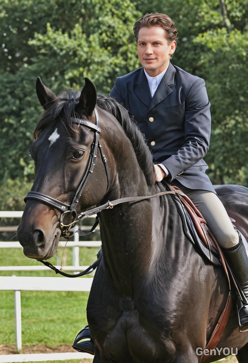 riding a Friesian horse, clear features 