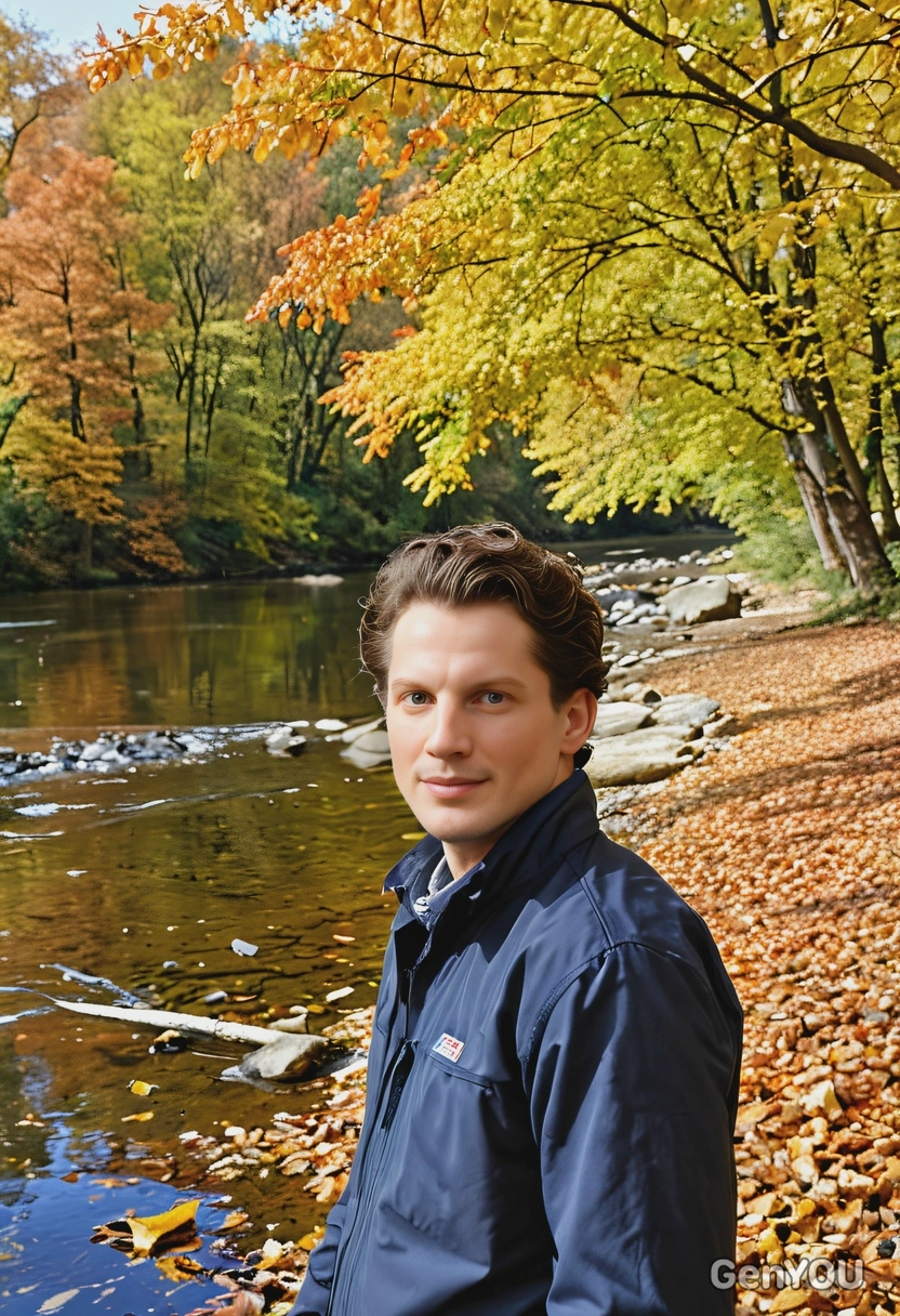 by a river, surrounded by trees covered in bright autumn leaves