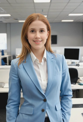sitting at the office desk, hands in the pockets, sky blue neat business suit, serious look, mid-body photo, blurry open-space office background, sharp skin texture details, soft lighting