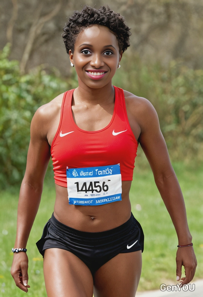 as a marathon runner, wearing a red tank top and shorts, half body 