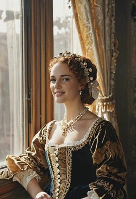 Renaissance era, Venetian noblewoman in velvet dress, pearl accessories, sun rays from the window