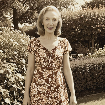 in a floral 1970s dress, standing in a sunlit garden, with a soft sepia filter