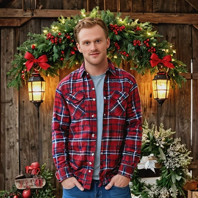 in a rustic barn decorated for the holidays, wearing a flannel shirt and jeans, surrounded by holiday wreaths and glowing Christmas lanterns, close up photo