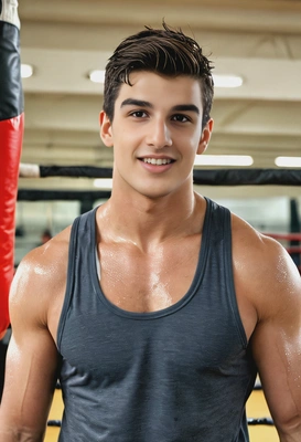 a sweaty rugged man in workout clothes in the boxing ring