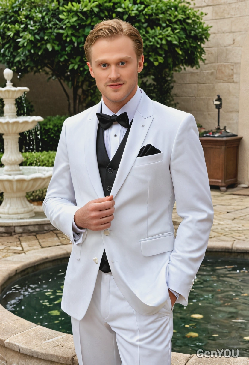as a groom in a classic white tuxedo, standing near an elegant fountain in a courtyard