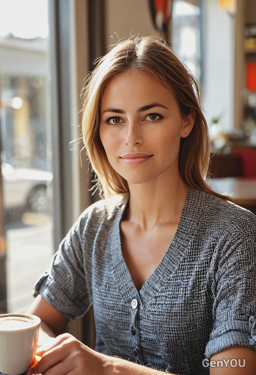 at a cafe, coffee, casual clothing, eyes on you, sharp high-quality image, midday indoor lighting, sun glare, soft shadows