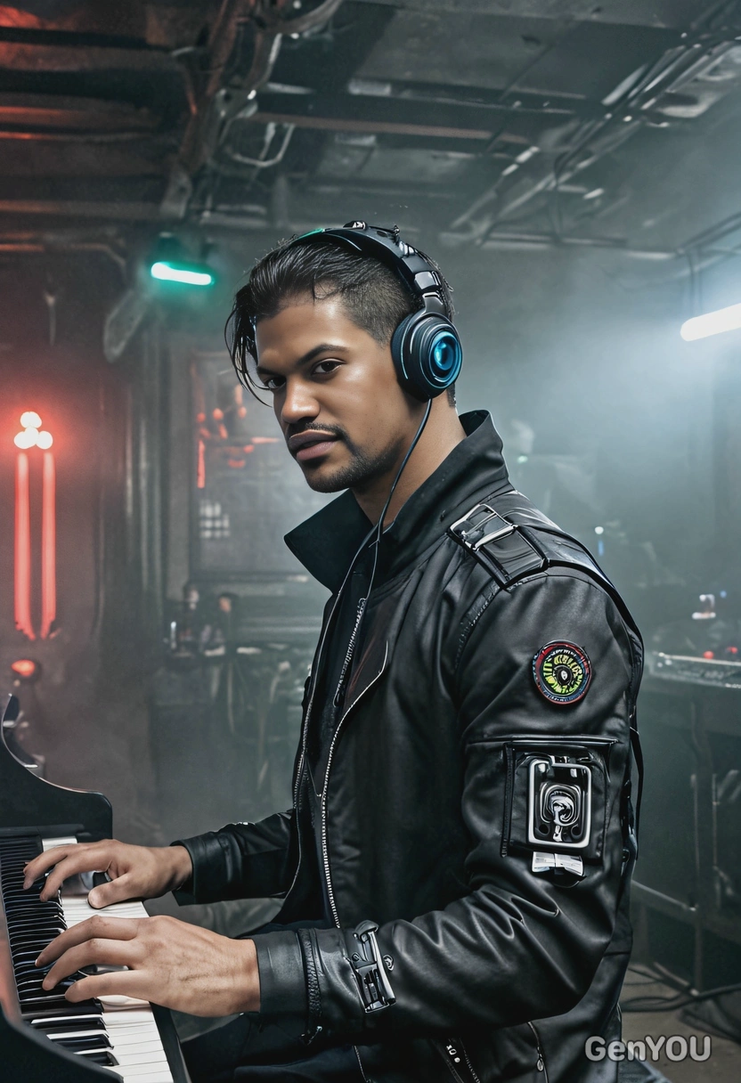 A cyberpunk musician, performing in a smoky underground club