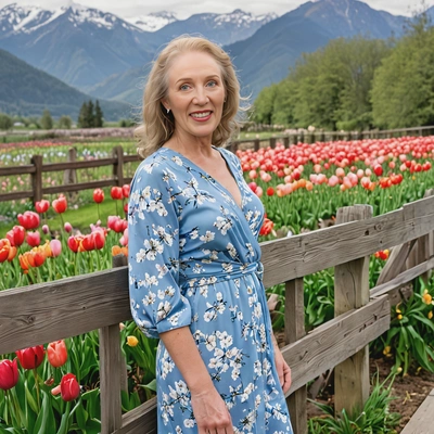 wearing a soft blue wrap dress, leaning on a wooden fence surrounded by blooming tulips, with mountains in the distance, half body portrait